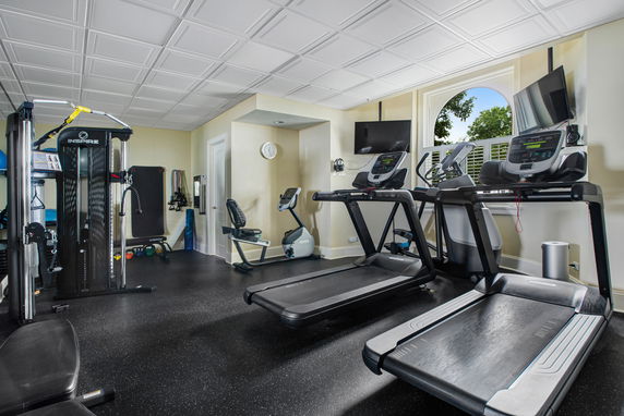 Indoor gym with exercise equipment and large windows.