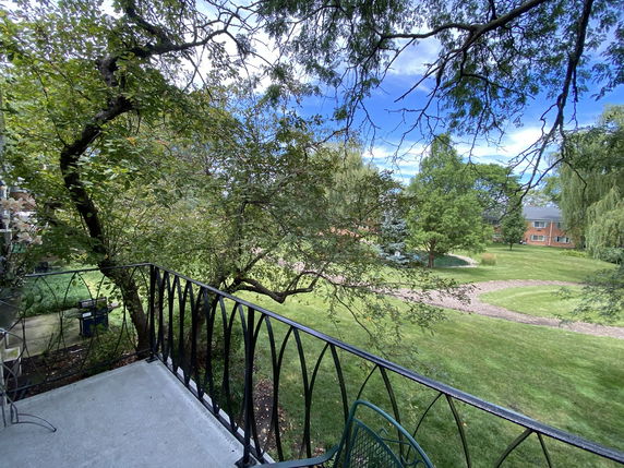 Wide angle view of a garden from a balcony with trees and pathway.