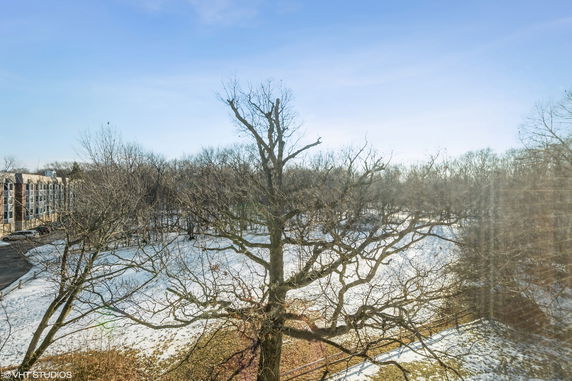 View from a building showing trees without leaves and a partially snow-covered ground with a residential building in the background.