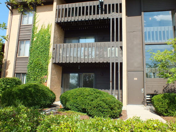Front view of a multi-story building with balconies and ivy-covered walls.