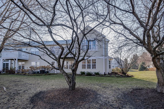 View of a two-story house with beige siding and multiple windows, seen through bare trees.