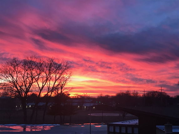 Wide view of a vivid sunset with silhouetted trees and buildings.