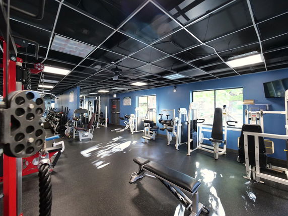 Gym area with various exercise equipment and blue walls.