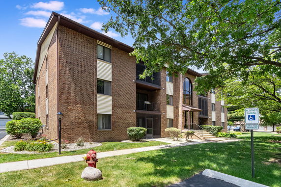 Front view of a multi-story brick building