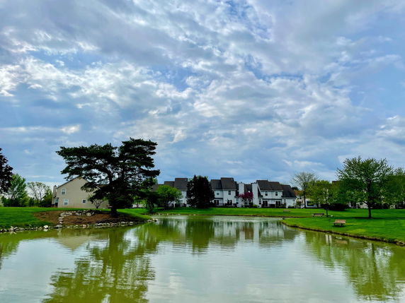 View of houses across a pond with cloudy sky.