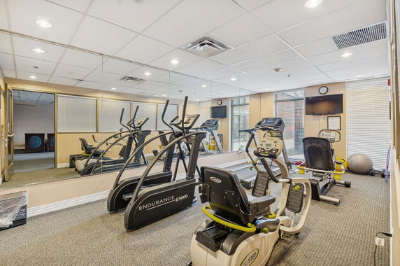 Indoor gym area with exercise machines and mirrors