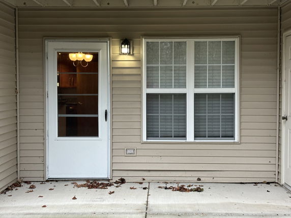 Front view of a house entrance with a door and a window.