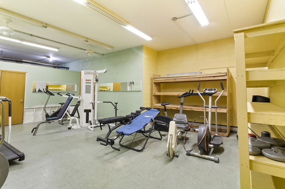 Indoor gym area with various exercise equipment and storage shelves.
