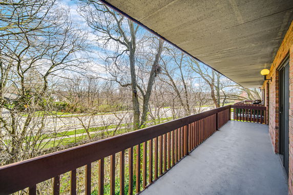 Panoramic view from a balcony overlooking trees and a distant road.