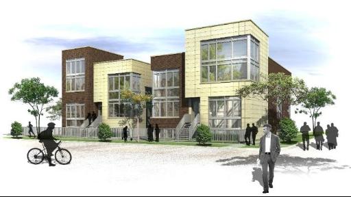 Front view of a modern multi-story building with large windows and a mix of brick and siding exterior.