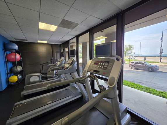 Indoor gym with treadmills and exercise balls.