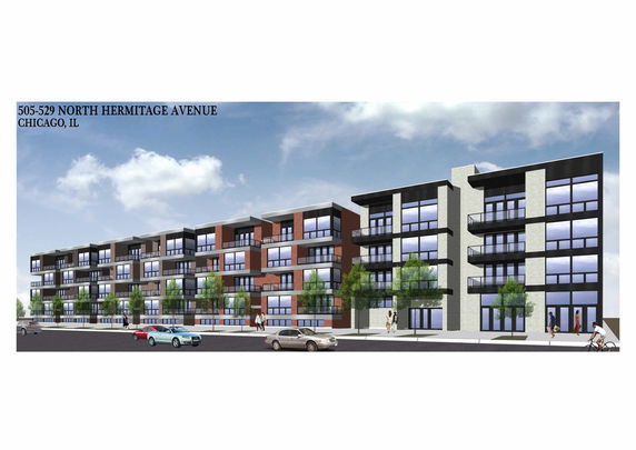 Front view of a multi-story apartment building with modern design.
