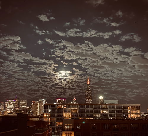 Nighttime city skyline with illuminated buildings and a cloudy sky.