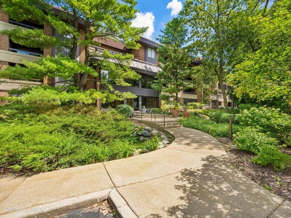 Front view of a building with a concrete path leading to the entrance, surrounded by greenery and trees.