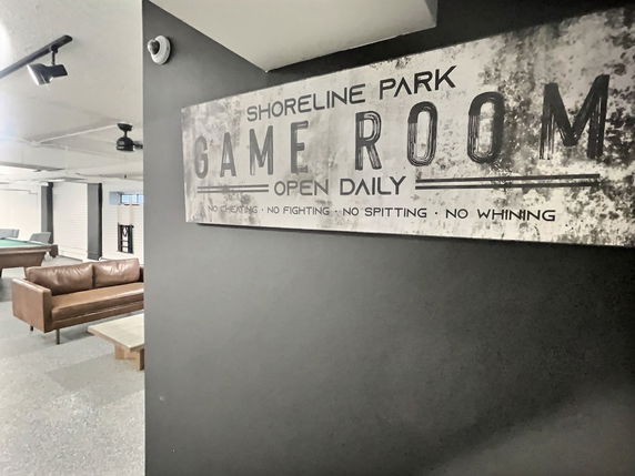Interior view of a game room with a brown leather couch and a pool table.