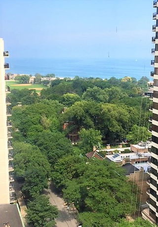Panoramic view of a cityscape with tall buildings, lush green trees, and a body of water in the distance.