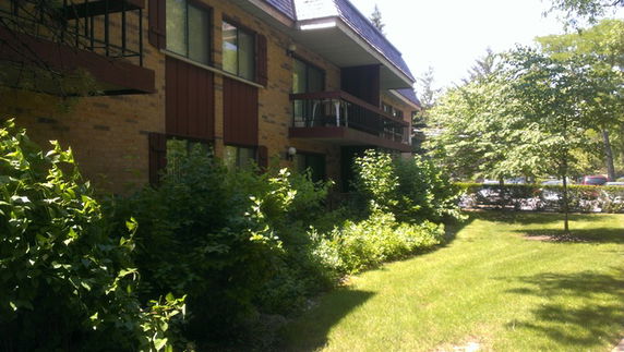 Front view of a multi-story brick building with balconies and surrounding greenery.