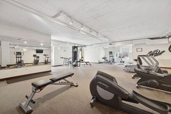 Interior view of a gym with various fitness equipment.