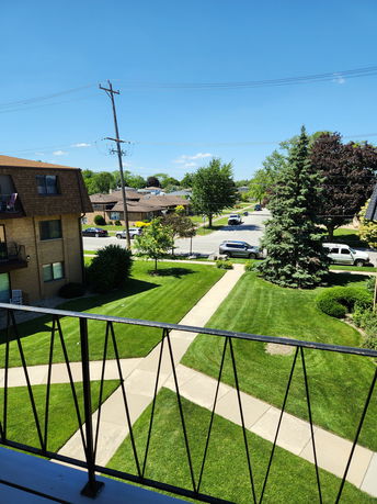 Panoramic view from a balcony showing a residential area with trees, grass, and parked cars.