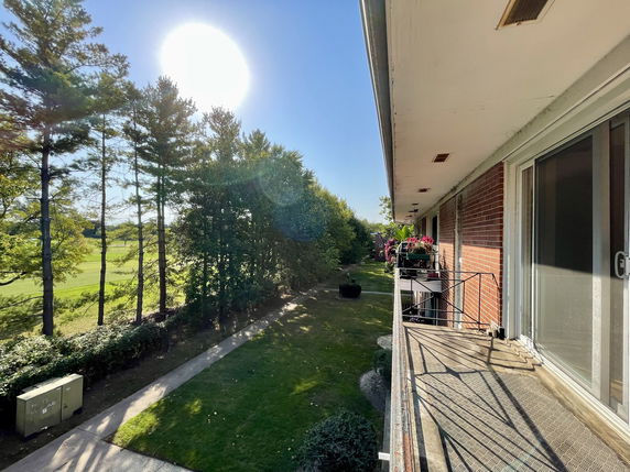 View of a building balcony with surrounding trees and sunlight.
