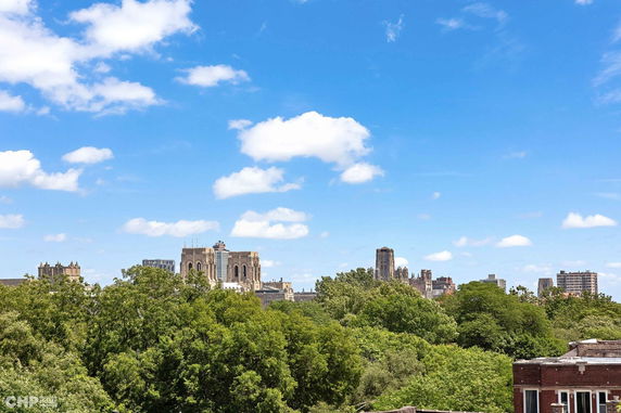 Panoramic view of a cityscape with several buildings visible above green trees.