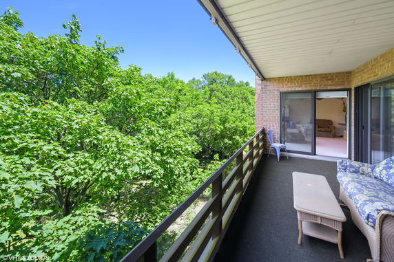 Balcony view overlooking lush green trees.