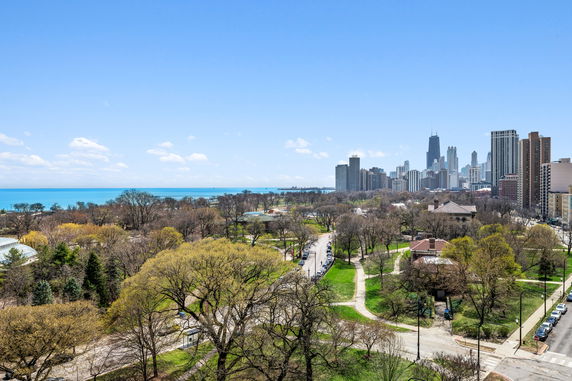 Panoramic view of a park with a city skyline and a lake in the background.