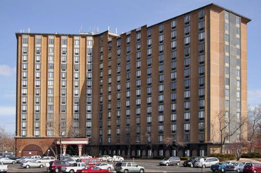 Front view of a multi-story residential building.