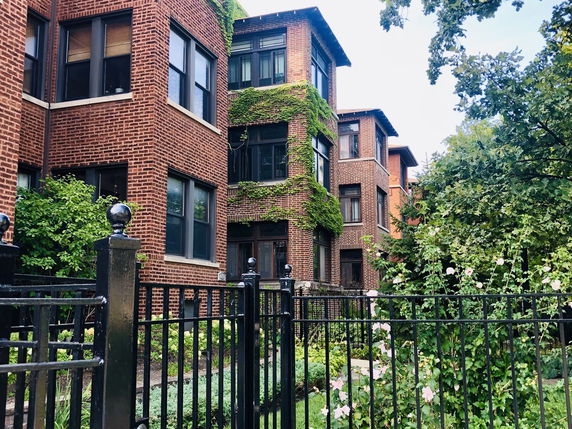 Front view of a multi-story brick building with ivy growth.