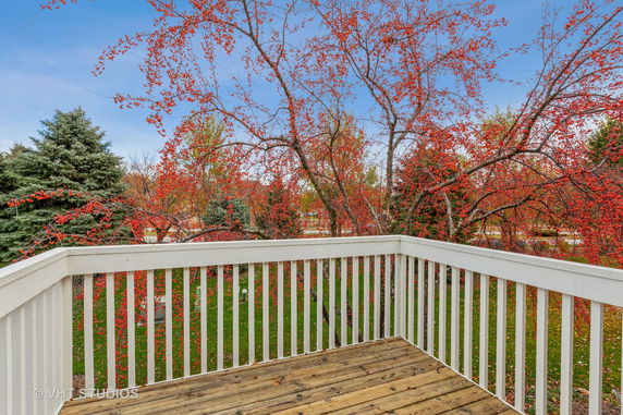 Patio view with vibrant autumn foliage surrounding the area.
