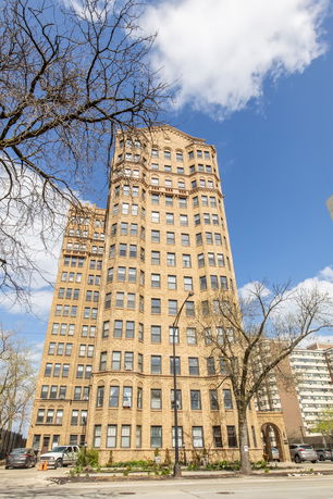 Front view of a multi-story brick building
