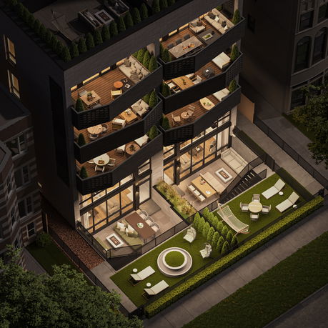 Elevated view of a multi-story building with terraces and outdoor seating areas.