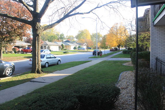 Street view with houses and parked cars