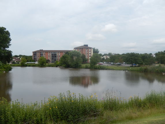 Distant view of a multi-story residential building near a body of water.