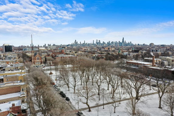 Panoramic view of a cityscape in winter with a park and distant skyline.
