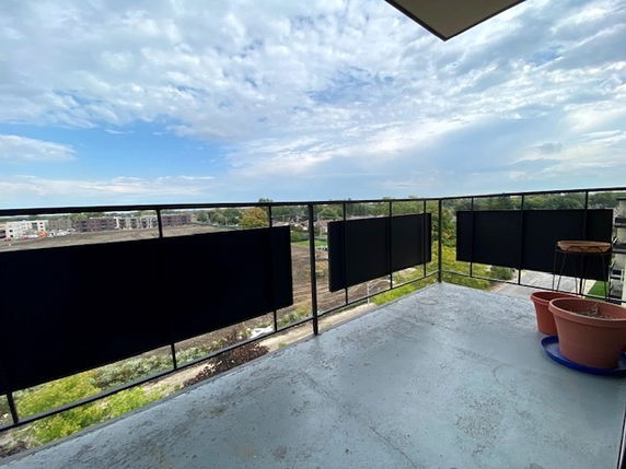 Panoramic view from a balcony with railing and potted plants.