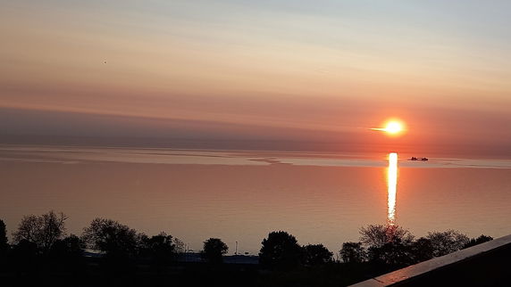 Wide view of a sunset over a body of water with a ship and silhouettes of trees in the foreground.