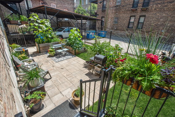 Outdoor area with plants and a small parking shade structure.