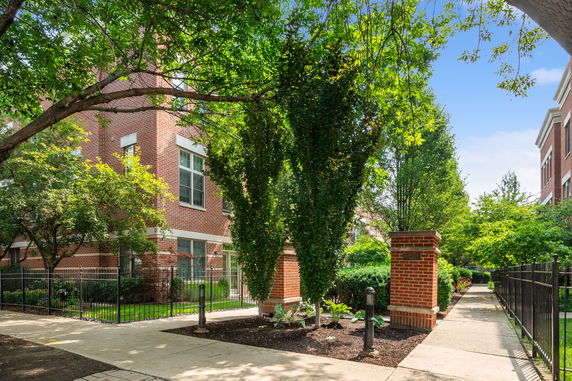 Front view of a multi-story brick building with surrounding greenery.
