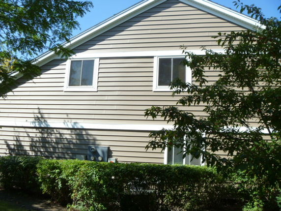 Side view of a house with horizontal siding and two windows.