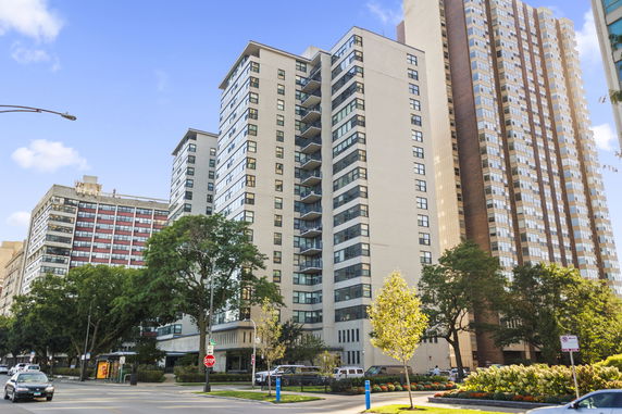 Front view of high-rise apartment buildings.