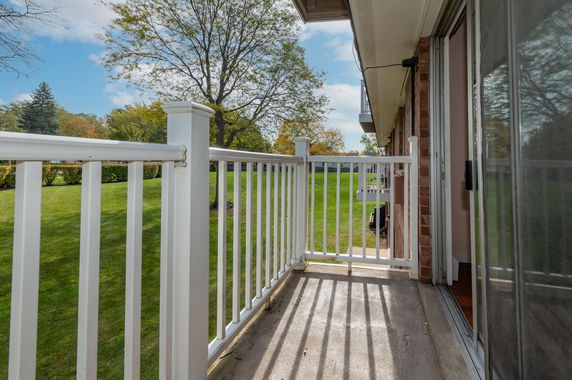 View from a balcony with white railing overlooking a grassy area and trees.