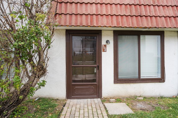 Front view of a house with a door and adjacent window.