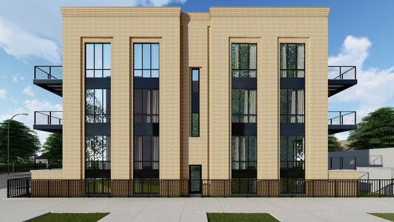 Front view of a modern multi-story building with large windows and balconies.