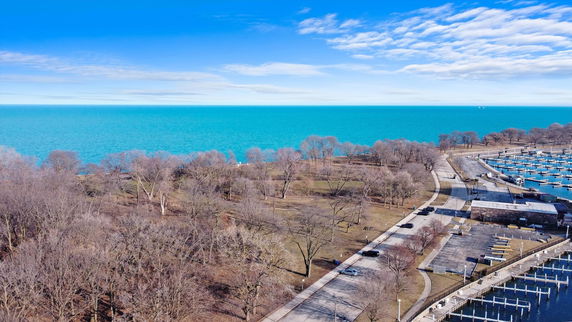 Wide view of a coastal area with a harbor and surrounding trees.