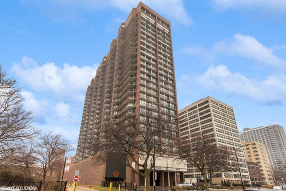 Front view of a high-rise residential building.