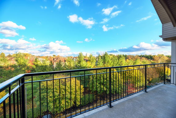 Panoramic view from a balcony showing trees and a clear sky.