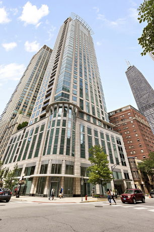 Front view of a modern high-rise building.
