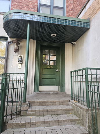 Front view of a building entrance with a green door and tiled steps.
