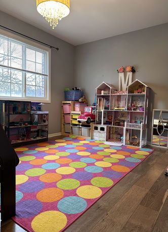 Room with colorful rug and toy storage units.